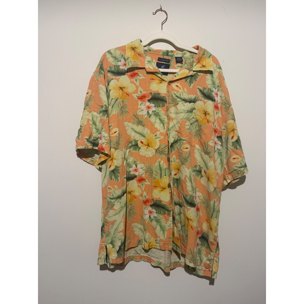 Caribbean Joe Mens XXL Orange Floral Hibiscus 100% Washable Silk Camp Shirt